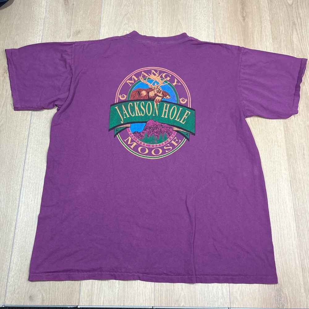 Vintage Jackson Hole Mangy Moose Bar T Shirt Purple XL USA Oneita 90s Wyoming